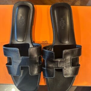 Hermes Black Oran Leather Slide Sandals